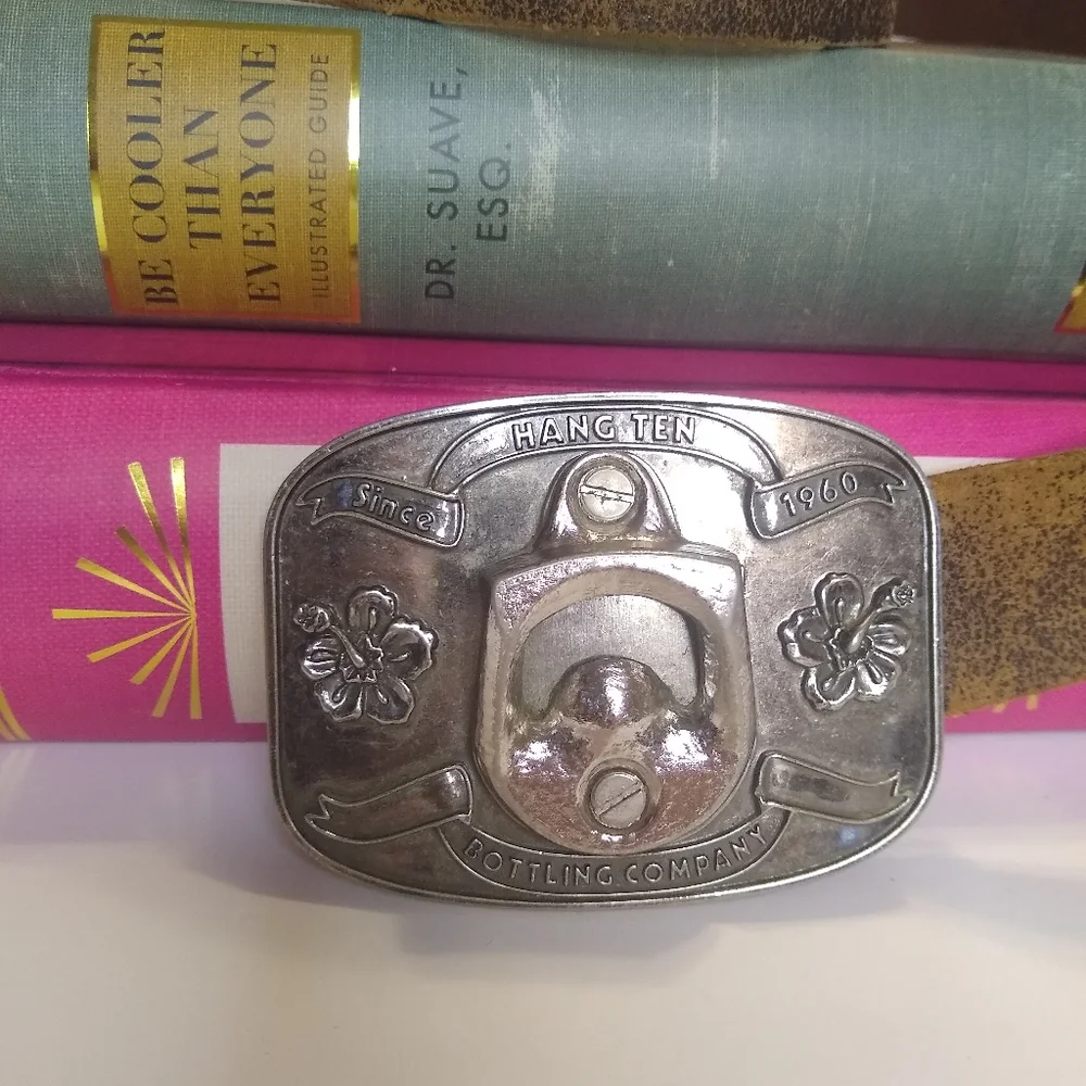 Vintage Hang Ten silver tone bottle opener buckle brown leather belt